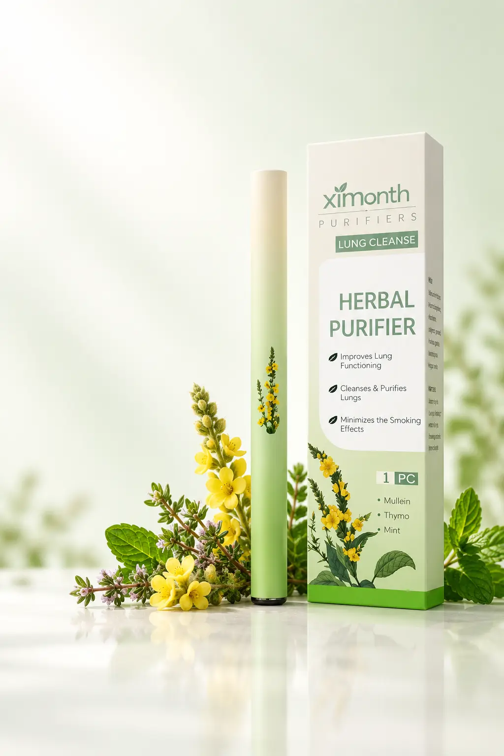 Diffuseur vert et son étui, présentés avec de la molène, du thym et de la menthe