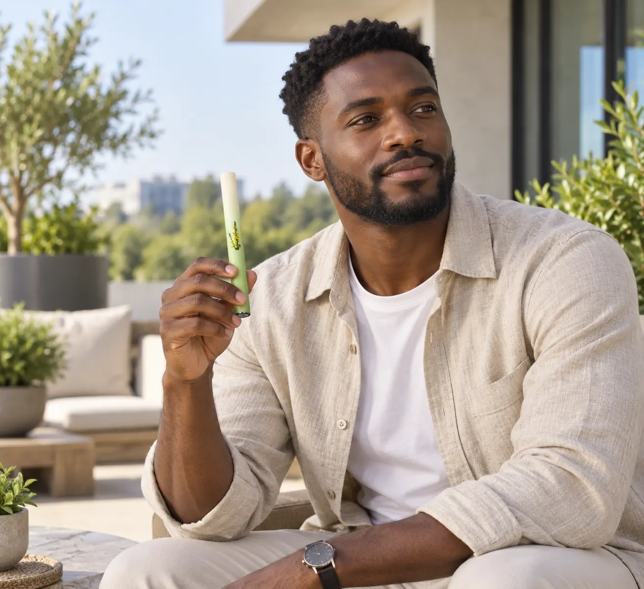 Homme africain tenant le diffuseur lors d’une pause en terrasse