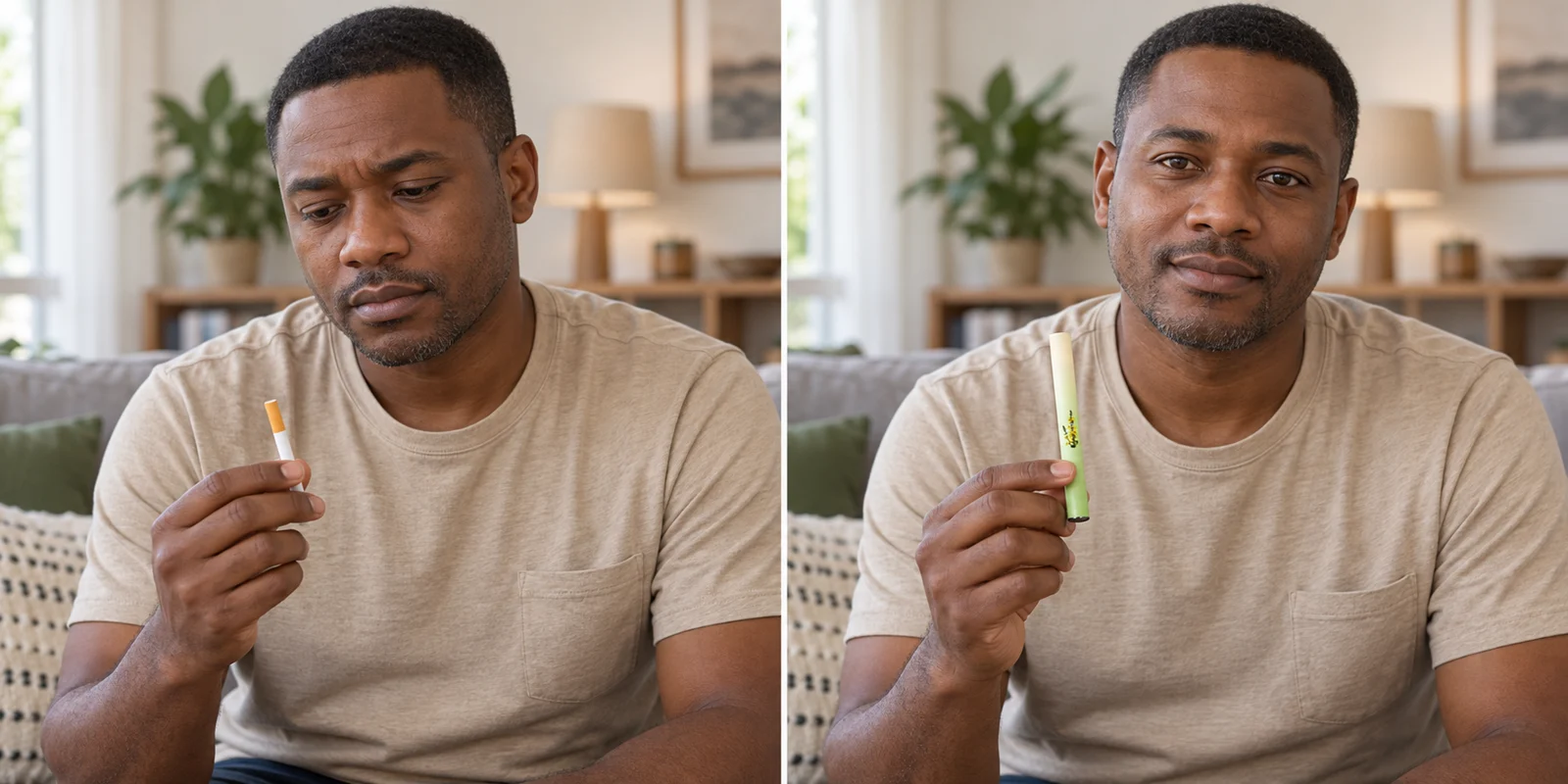 Mise en scène : le même homme africain tenant une cigarette avec une expression triste, puis tenant le diffuseur